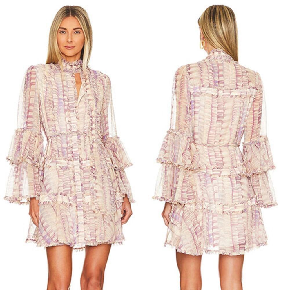 NEW Alexis Gelsiny Tiered Ruffled Long Sleeve Mini Dress Purple Size: M